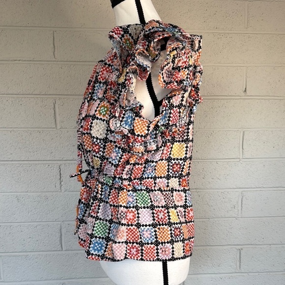 Maeve Ruffled Tie Waist Blouse in Colorful Granny-Square Eyelet Print, S - Picture 6 of 16